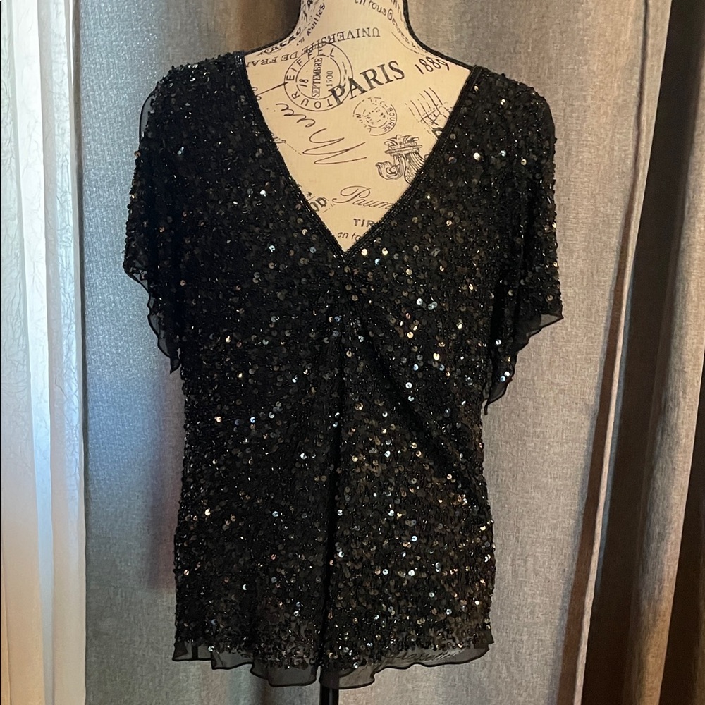 Papell Boutique Black Sequin V-Neck Blouse